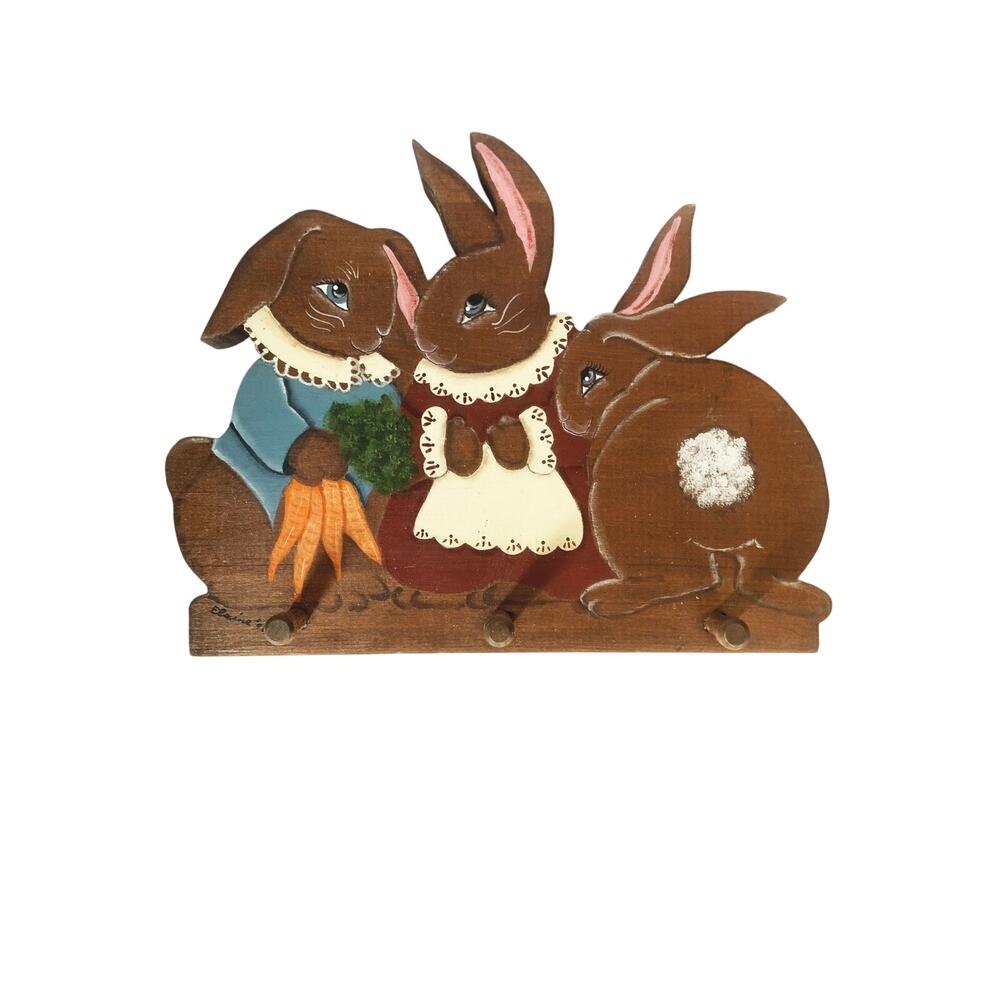 Vintage Bunny 3 Peg 3 Bunnies Wall Hanging Keys Leashes Signed Elaine 98